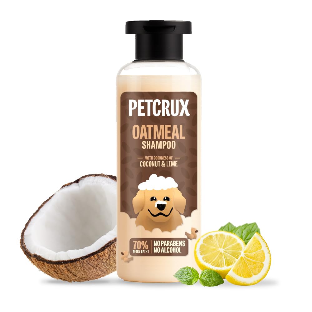 Petcrux Oatmeal Dog Shampoo 200ml – Sulphate & Paraben Free - Oatmeal with Goodness of Coconut & Lime - for Golden Retrievers, Labradors, Shih Tzu, German Shepherds