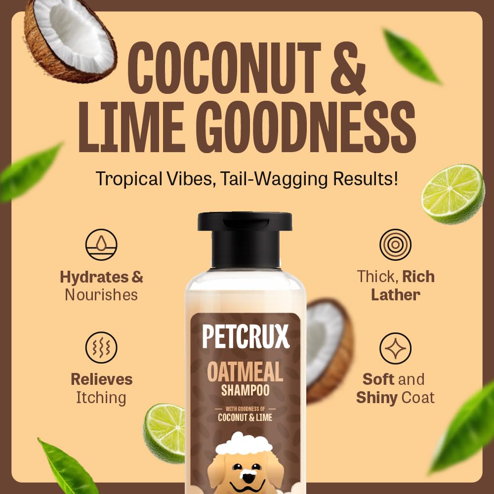 Petcrux Oatmeal Dog Shampoo 200ml – Sulphate & Paraben Free - Oatmeal with Goodness of Coconut & Lime - for Golden Retrievers, Labradors, Shih Tzu, German Shepherds