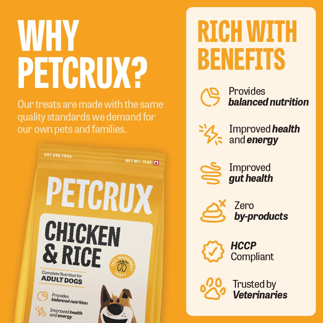 Petcrux Adult Dog Food Chicken & Rice, Complete Balanced Food for Adult Dogs, 10Kg