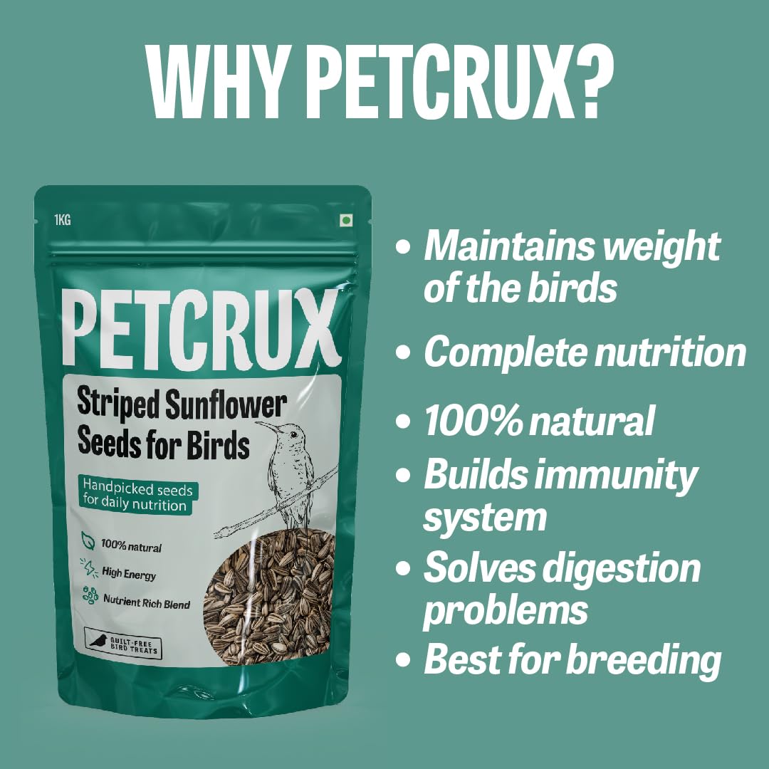 Petcrux Premium Stripped Sunflower Seeds Bird Food for Lovebirds, Sun Conures, Cockatiels, African Grey Parrots, Green Cheek Conure, Macaws, Cockatoo (1 kg Economic Pack)