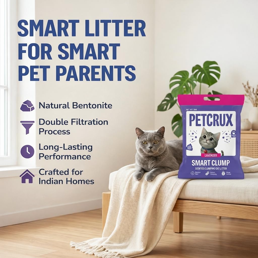 PetCrux Smart Clump Cat Litter 20Kg, 100% Natural Bentonite Odour Lock Lavender Scented Clay, Dust Free, 4 Packs of 5 Kgs (Combo)
