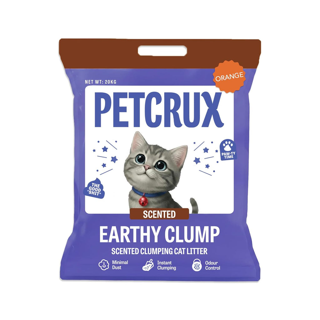 PetCrux Earthy Clump Cat Litter 20kg, Orange Scented, Premium Natural Bentonite Clay, 99.9% Dust-Free, Super Clumping & Odour Lock, Bulk Pack for Multi-Cat Homes & Breeders