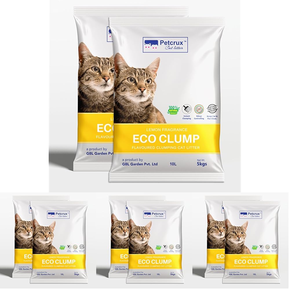 PetCrux Eco Clump Cat Litter 5kg, 2 Packs of 5kg, Lavender & Lemon Scented, 100% Natural Bentonite Clay, 99% Dust-Free, Low-Tracking, Rapid Clumping & Odour Lock, for All Breeds