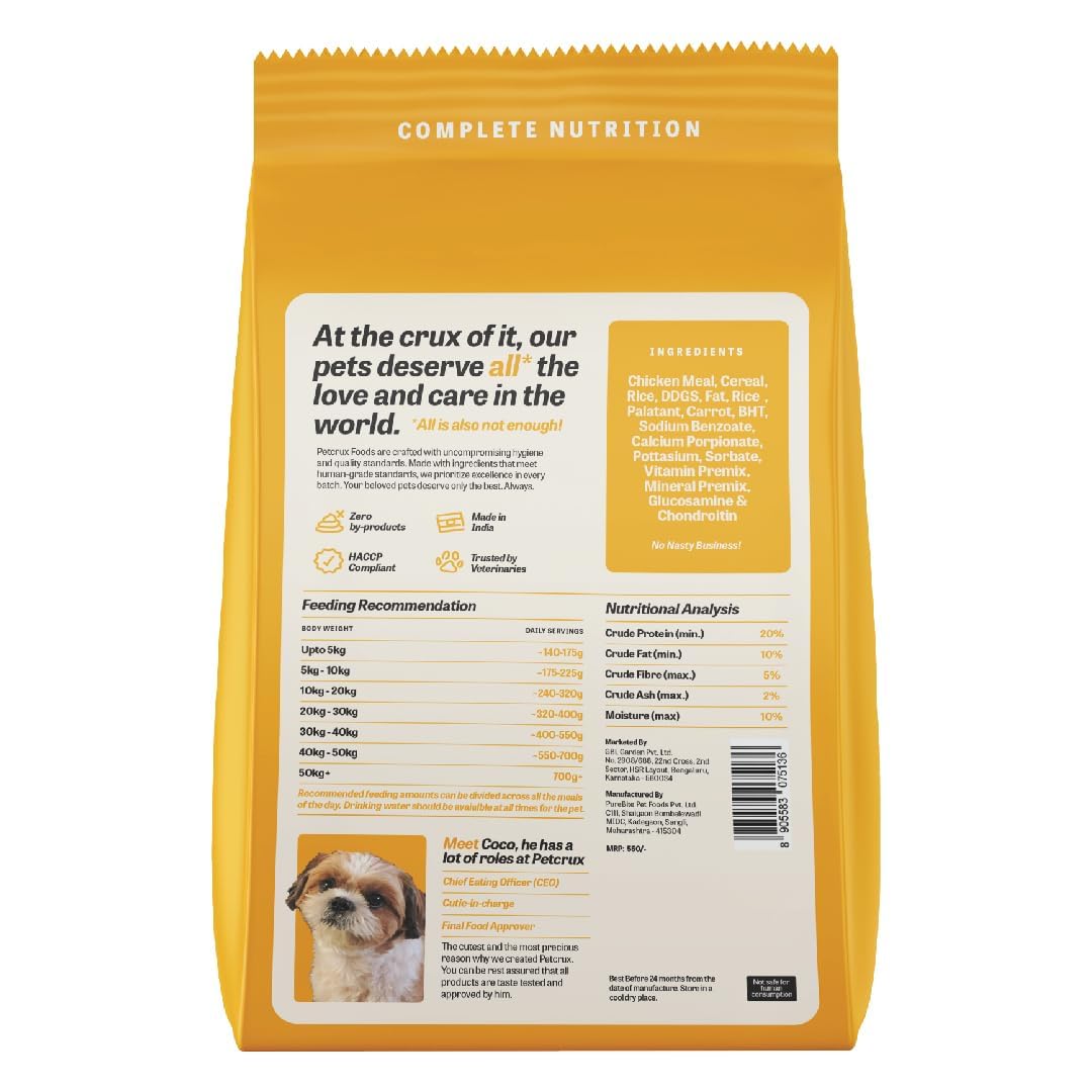 Petcrux Adult Dog Food Chicken & Rice, Complete Balanced Food for Adult Dogs, 10Kg
