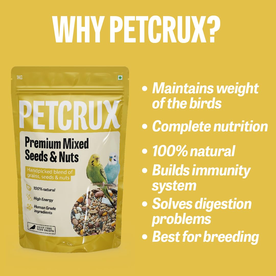 Petcrux Bird Food – Blend of 6 Grains & Mixed Seeds – Clean, Additive-Free Bird Feed with Nyjer, Millet, Oats, Sunflower – 100% Natural & Healthy Mix for All Birds (1000 g)