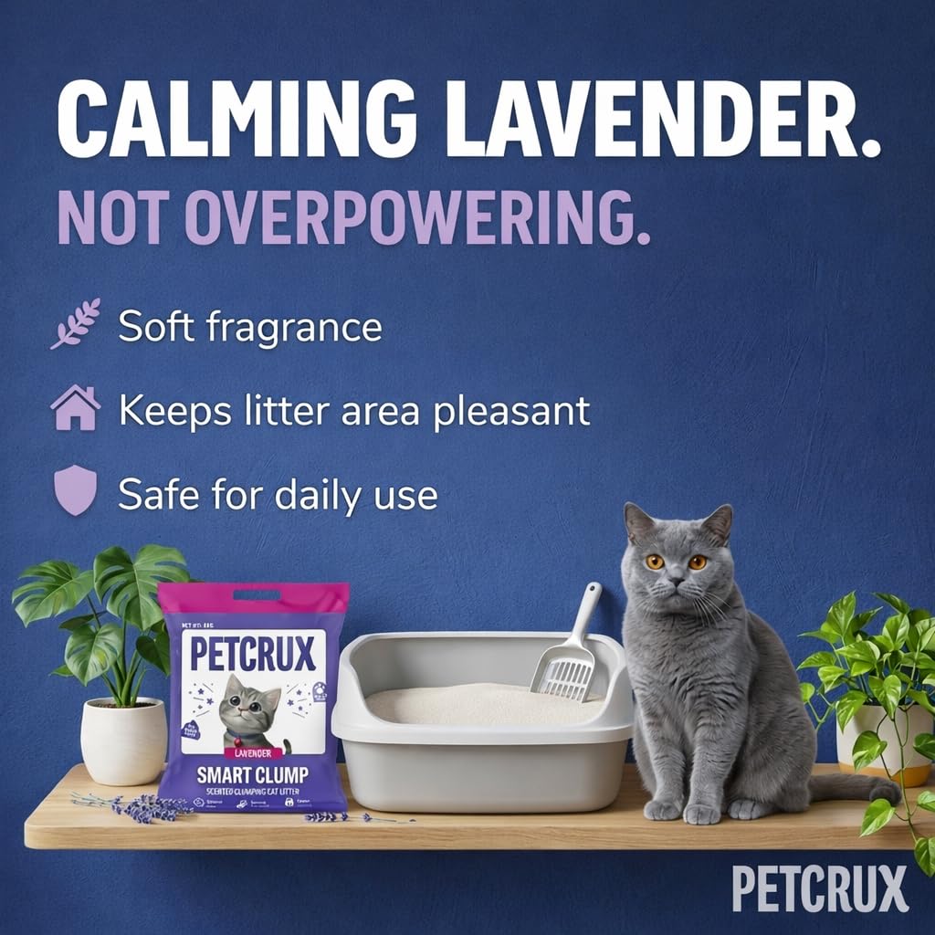 PetCrux Smart Clump Cat Litter 20Kg, 100% Natural Bentonite Odour Lock Lavender Scented Clay, Dust Free, 4 Packs of 5 Kgs (Combo)