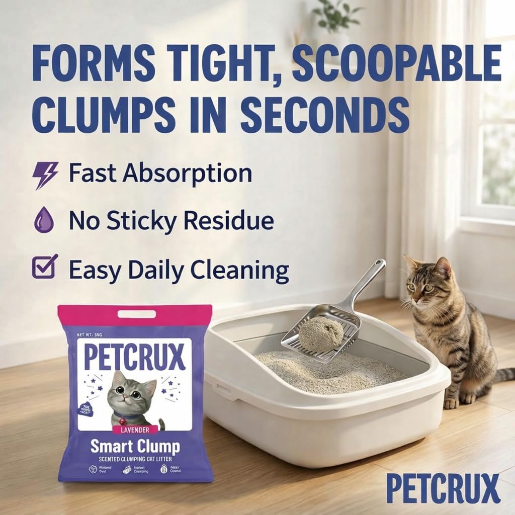 PetCrux Smart Clump Cat Litter 20Kg, 100% Natural Bentonite Odour Lock Lavender Scented Clay, Dust Free, 4 Packs of 5 Kgs (Combo)