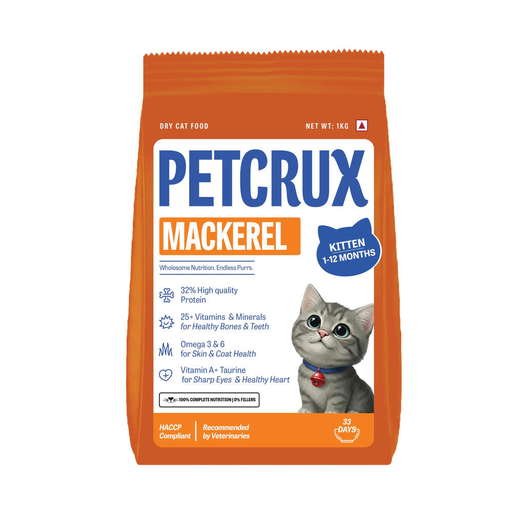 Petcrux Dry Kitten Cat Food, Mackerel Fish Flavor, with Omega 3 & 6 and Taurine, Complete & Balanced Nutrition for Growing Kittens, Trial Pack 50 g