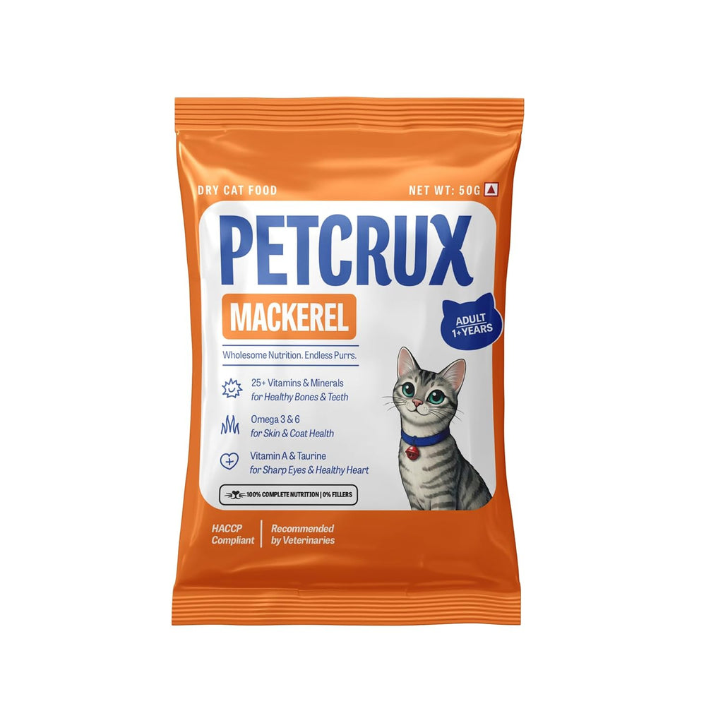 Petcrux Dry Adult Cat Food, Mackerel Fish Flavor, with Omega 3 & 6 and Taurine, Complete & Balanced Nutrition for Adult Cats, Trial Pack 50 g