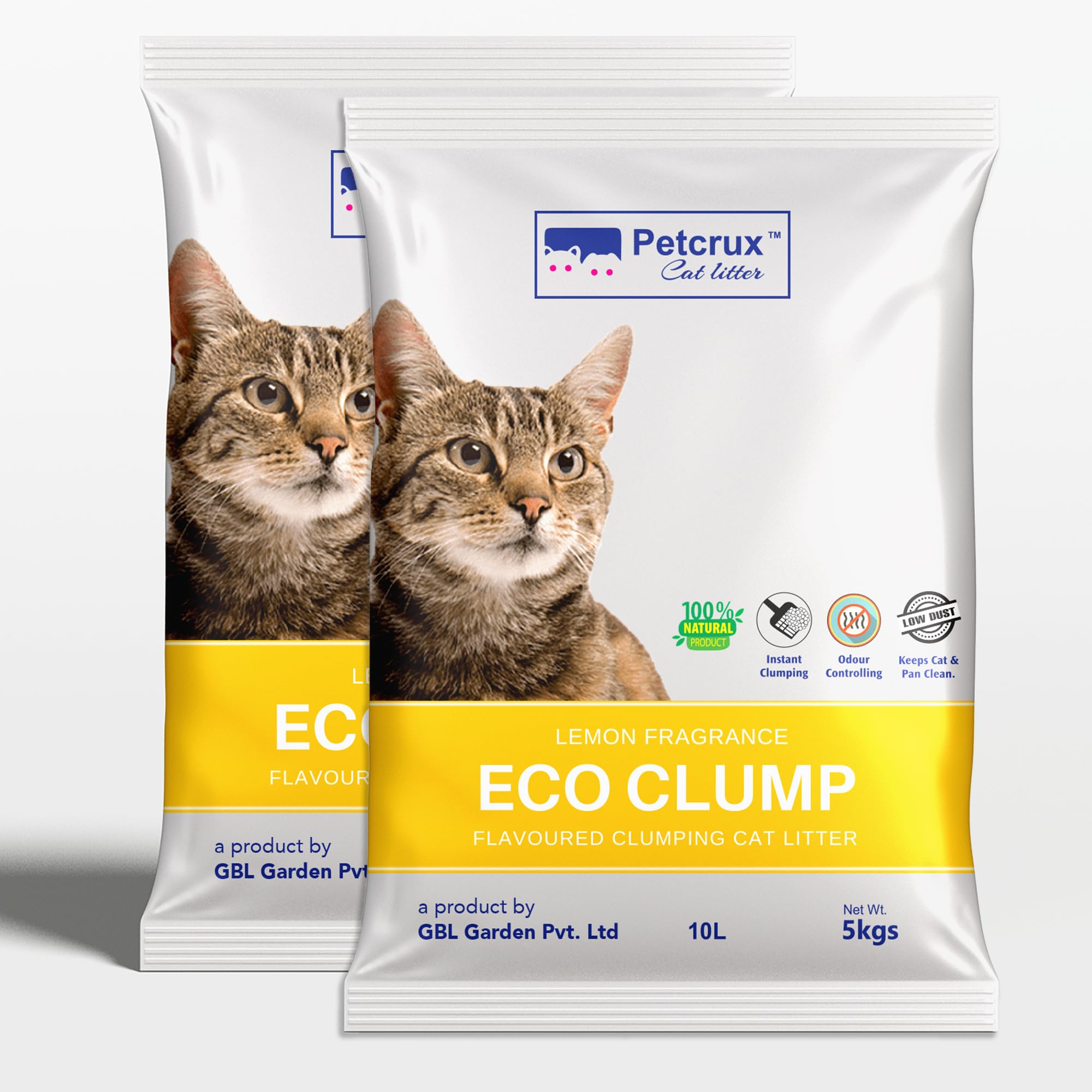 PetCrux Eco Clump Cat Litter 5kg, 2 Packs of 5kg, Lavender & Lemon Scented, 100% Natural Bentonite Clay, 99% Dust-Free, Low-Tracking, Rapid Clumping & Odour Lock, for All Breeds