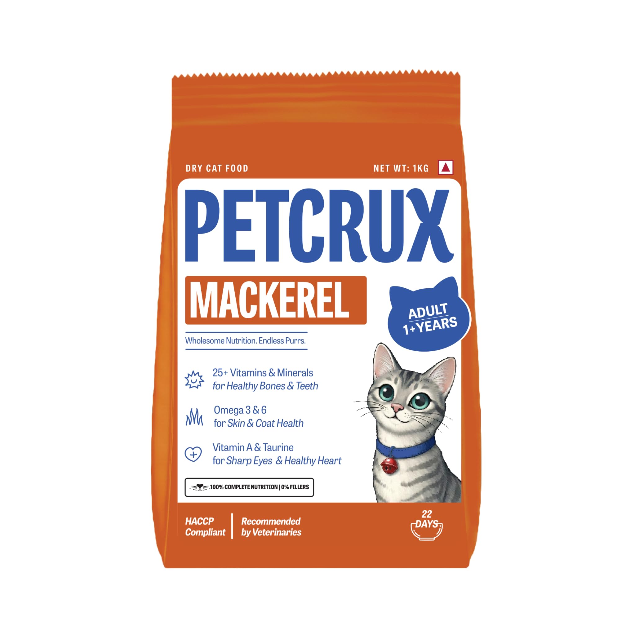 Petcrux Dry Adult Cat Food, Mackerel Fish Flavor, with Omega 3 & 6 and Taurine, Complete & Balanced Nutrition for Adult Cats, Trial Pack 50 g