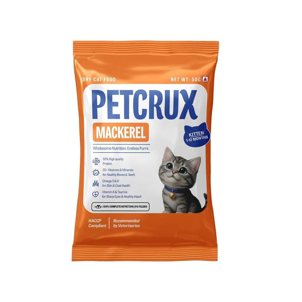 Petcrux Dry Kitten Cat Food, Mackerel Fish Flavor, with Omega 3 & 6 and Taurine, Complete & Balanced Nutrition for Growing Kittens, Trial Pack 50 g