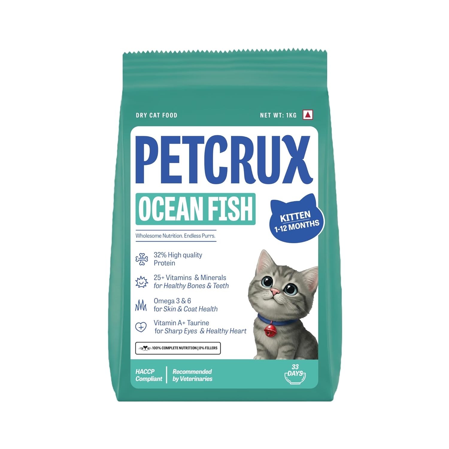 Petcrux Dry Kitten Cat Food, Ocean Fish Flavor, with Omega 3 & 6 and Taurine, Complete & Balanced Nutrition for Growing Kittens, 1 kg