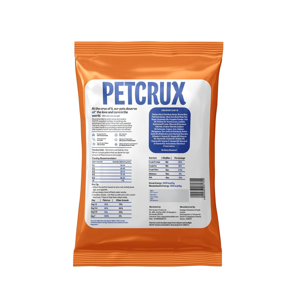 Petcrux Dry Adult Cat Food, Mackerel Fish Flavor, with Omega 3 & 6 and Taurine, Complete & Balanced Nutrition for Adult Cats, Trial Pack 50 g