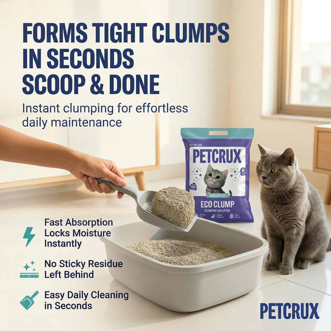 PetCrux Eco Clump Cat Litter 5Kg, 100% Natural Bentonite Odour Lock Unscented Clay, Dust Free, Single Pack