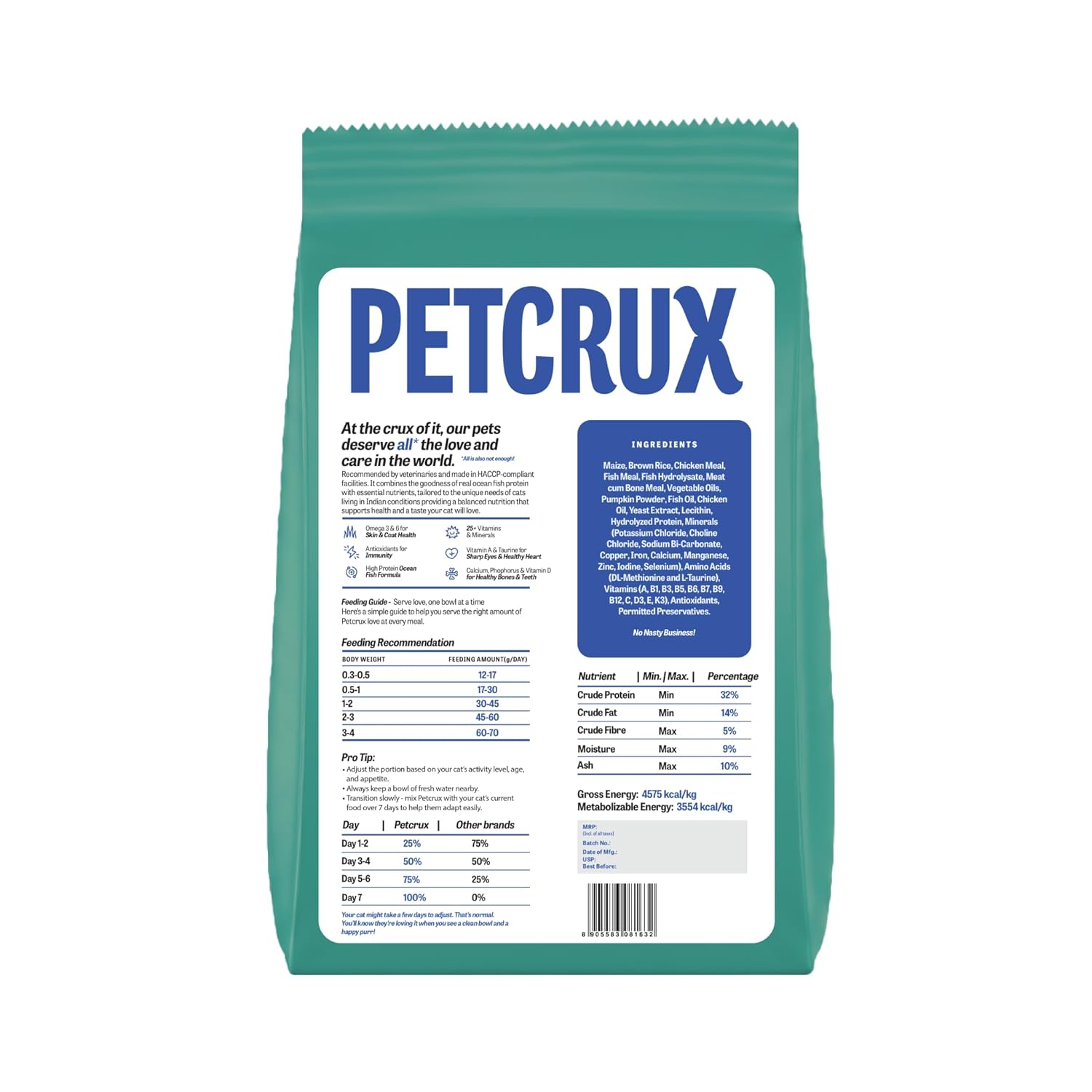 Petcrux Dry Kitten Cat Food, Ocean Fish Flavor, with Omega 3 & 6 and Taurine, Complete & Balanced Nutrition for Growing Kittens, 1 kg