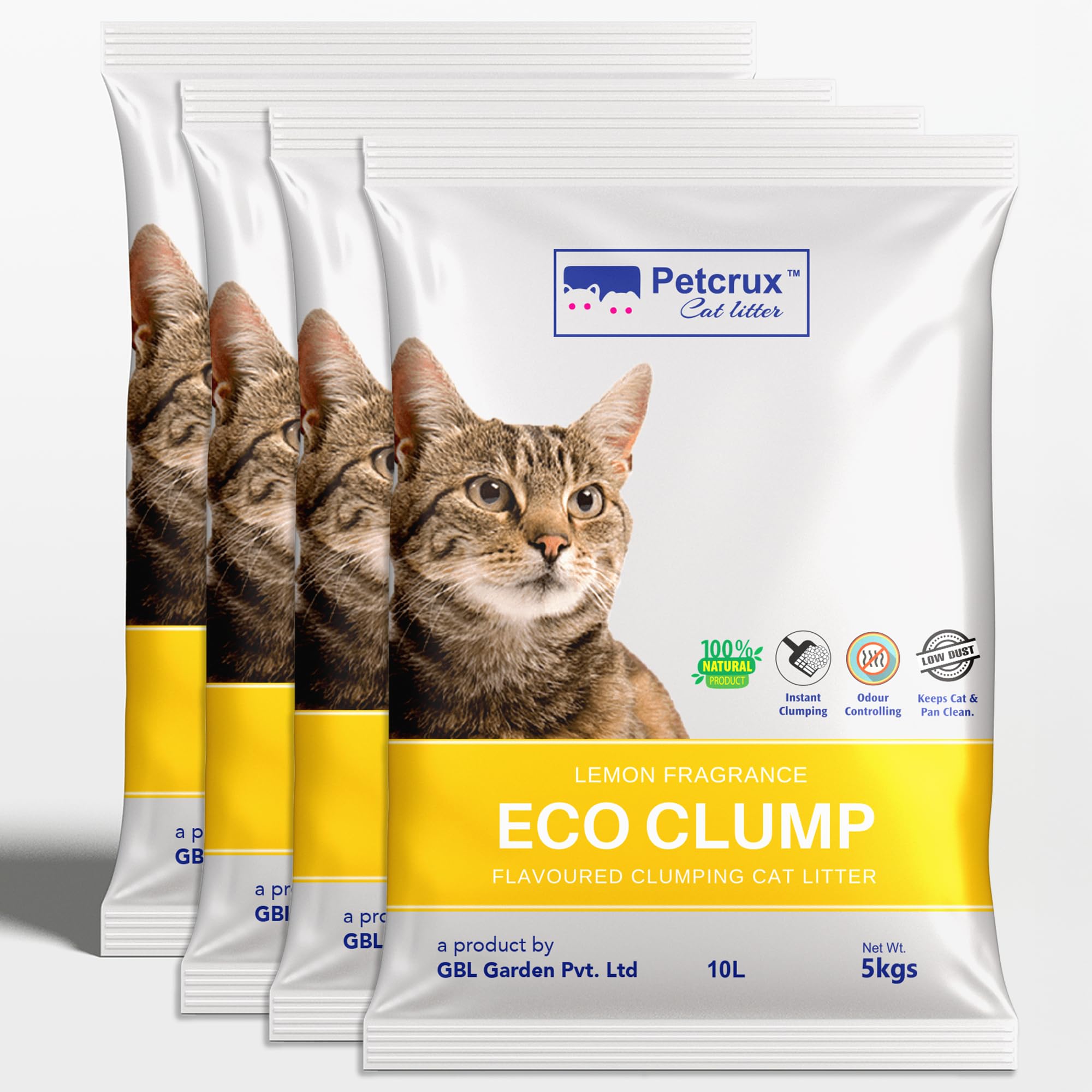 PetCrux Eco Clump Cat Litter 5kg, 2 Packs of 5kg, Lavender & Lemon Scented, 100% Natural Bentonite Clay, 99% Dust-Free, Low-Tracking, Rapid Clumping & Odour Lock, for All Breeds