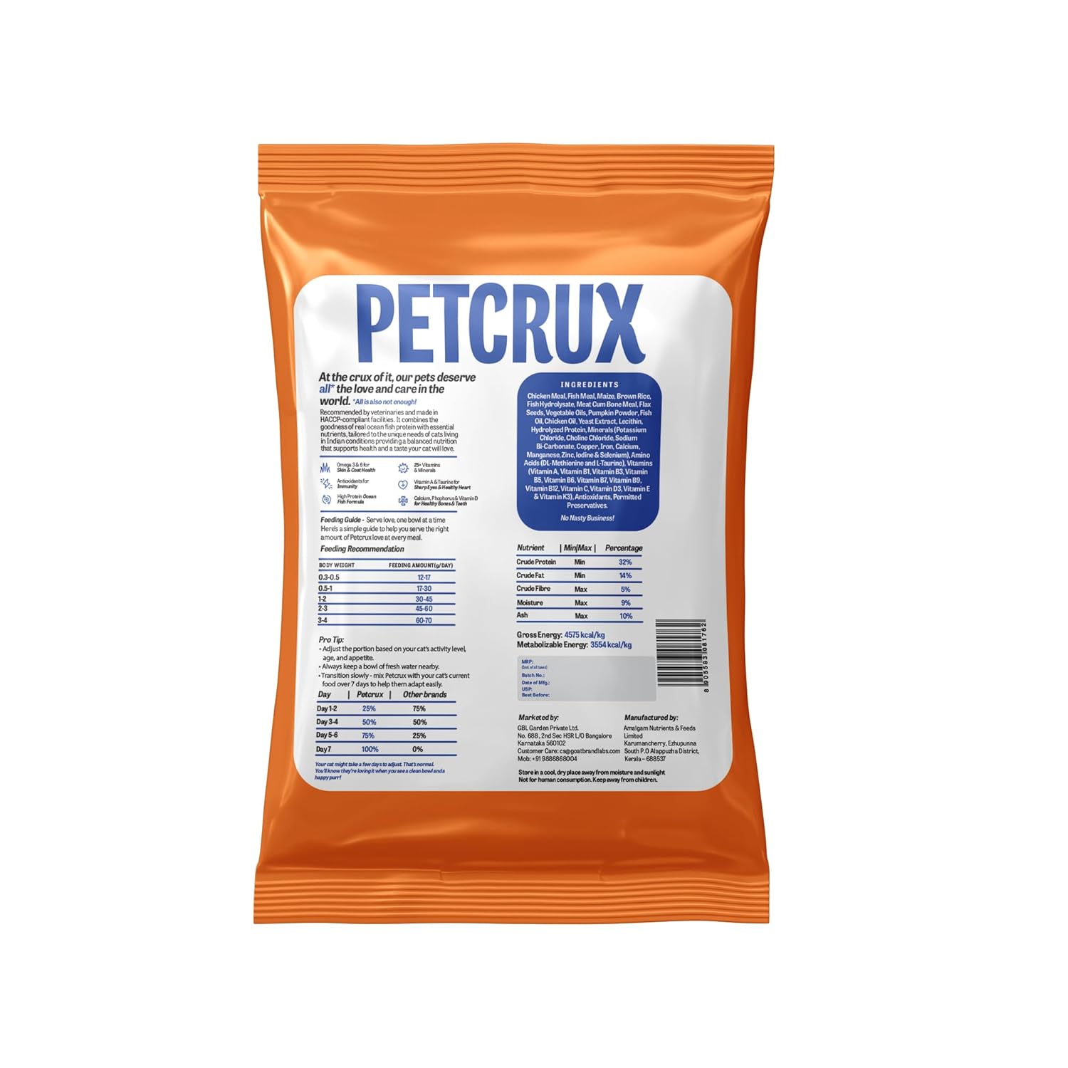 Petcrux Dry Kitten Cat Food, Mackerel Fish Flavor, with Omega 3 & 6 and Taurine, Complete & Balanced Nutrition for Growing Kittens, Trial Pack 50 g
