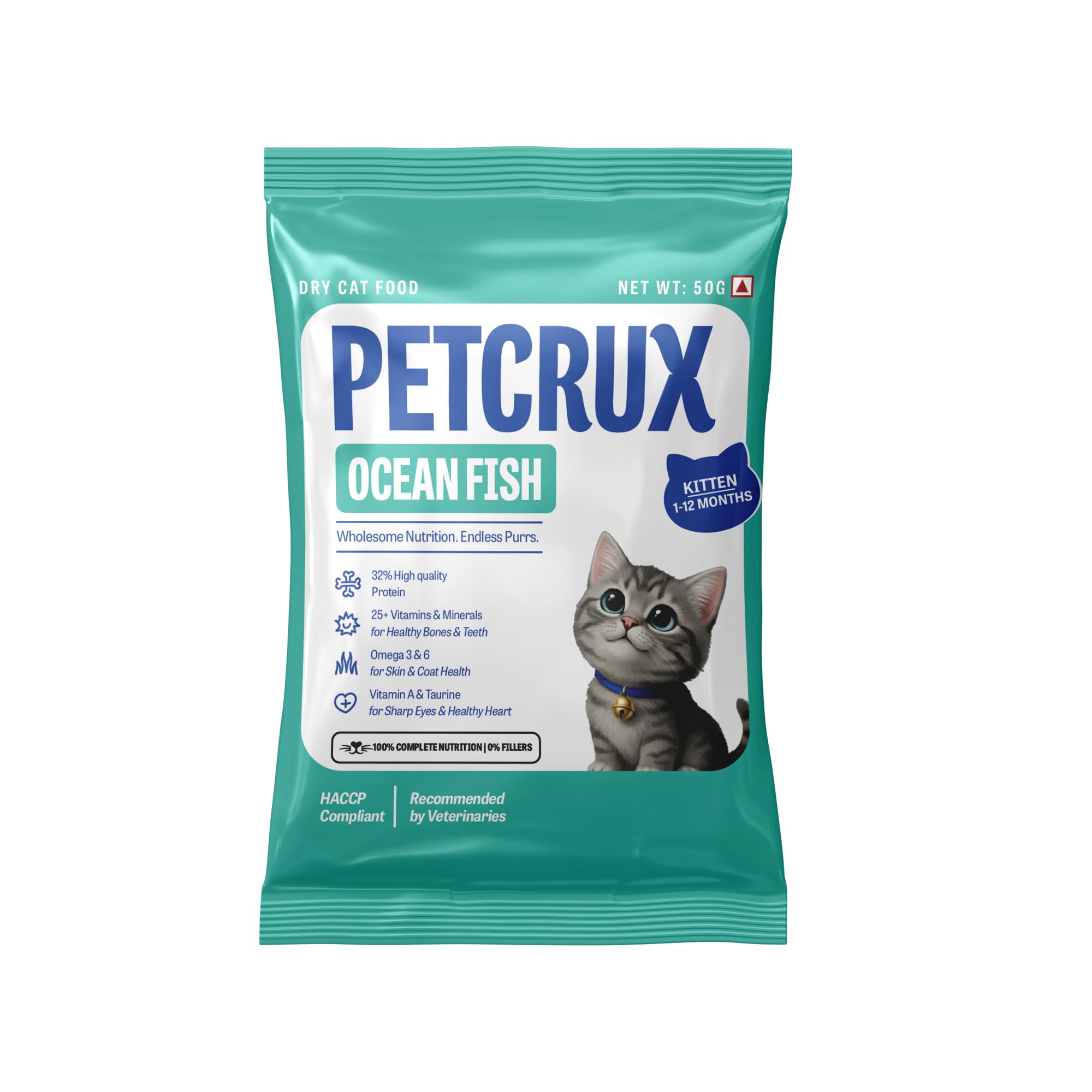 Petcrux Dry Kitten Cat Food, Ocean Fish Flavor, with Omega 3 & 6 and Taurine, Complete & Balanced Nutrition for Growing Kittens, 1 kg