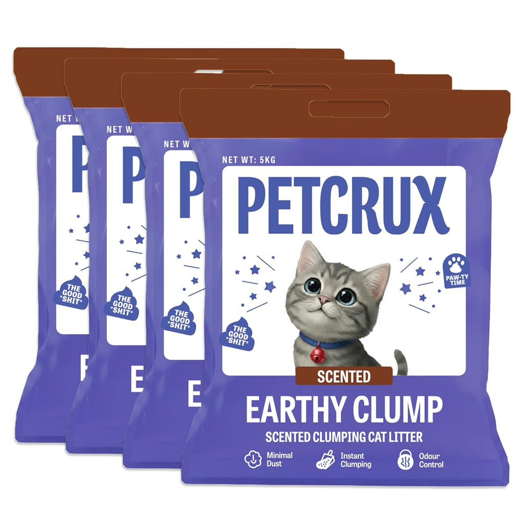 PetCrux Earthy Clump Cat Litter 20kg, 4 Packs of 5kg (Bulk Combo), Premium Natural Bentonite Clay, Lavender Scented, 99.9% Dust-Free, Super Clumping, for Multiple Cats