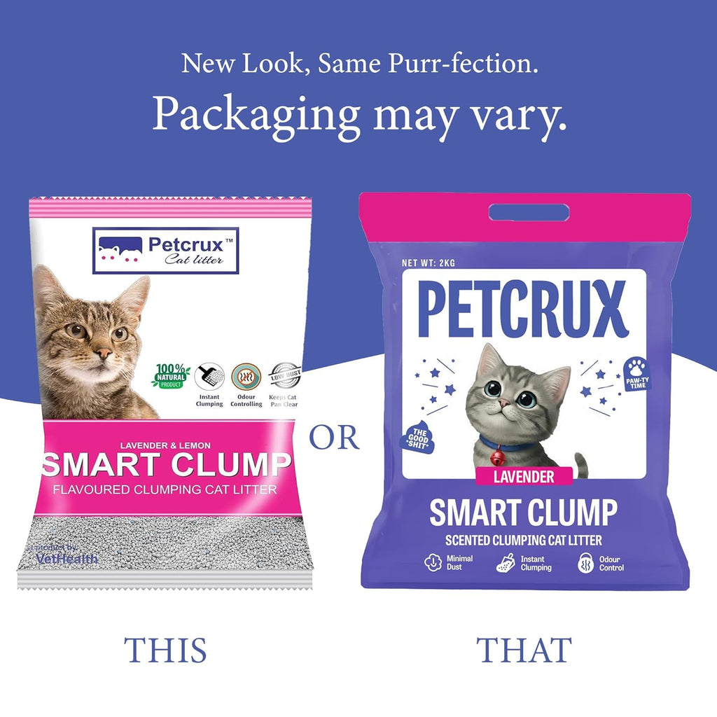 PetCrux Smart Clump Cat Litter 2Kg 100% Natural Bentonite Odour Lock Lavender and Lemon Scented Clay Dust Free Trial or Travel or Single Pack Premium Absorbent Eco-Friendly Sand for all Breeds of Cats