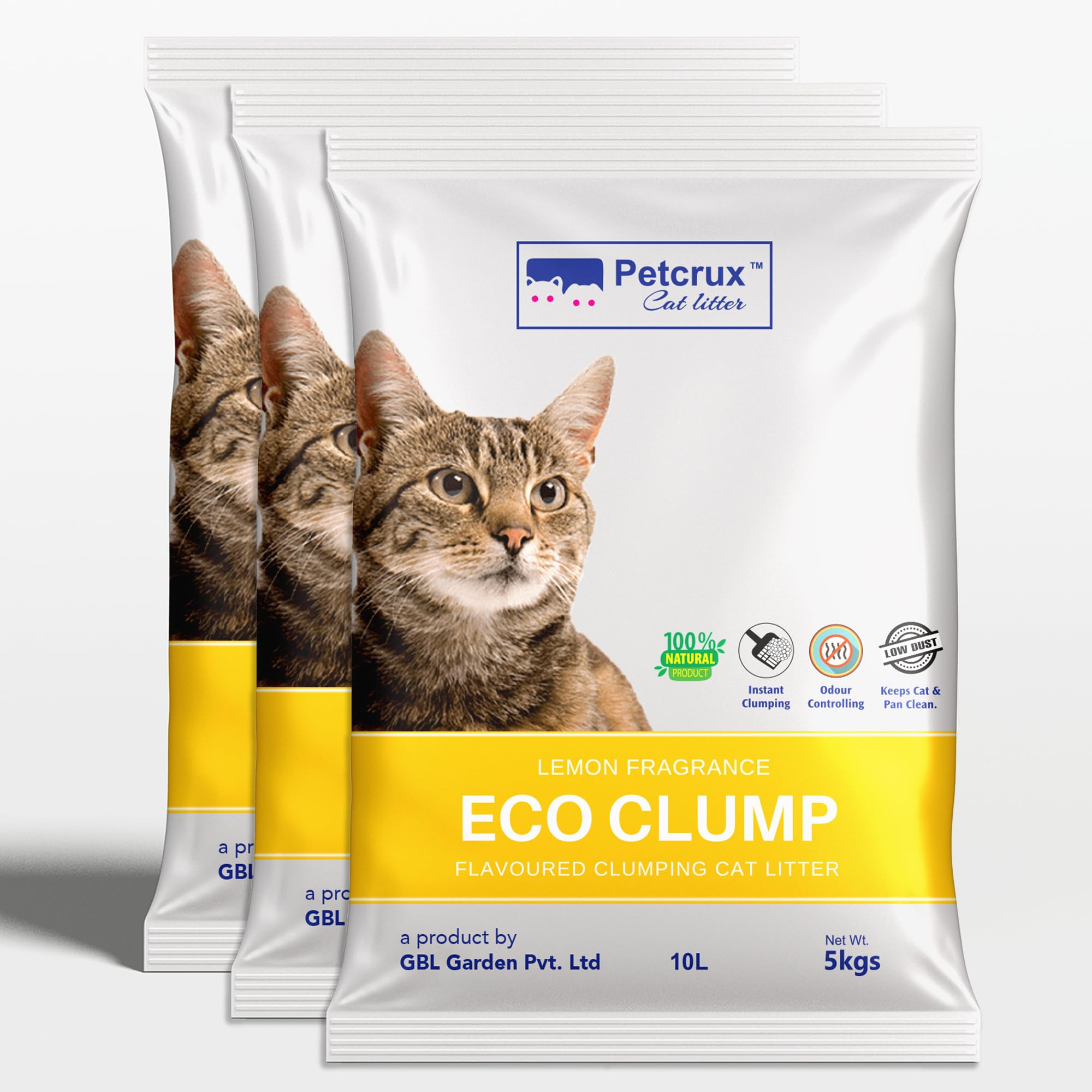 PetCrux Eco Clump Cat Litter 5kg, 2 Packs of 5kg, Lavender & Lemon Scented, 100% Natural Bentonite Clay, 99% Dust-Free, Low-Tracking, Rapid Clumping & Odour Lock, for All Breeds