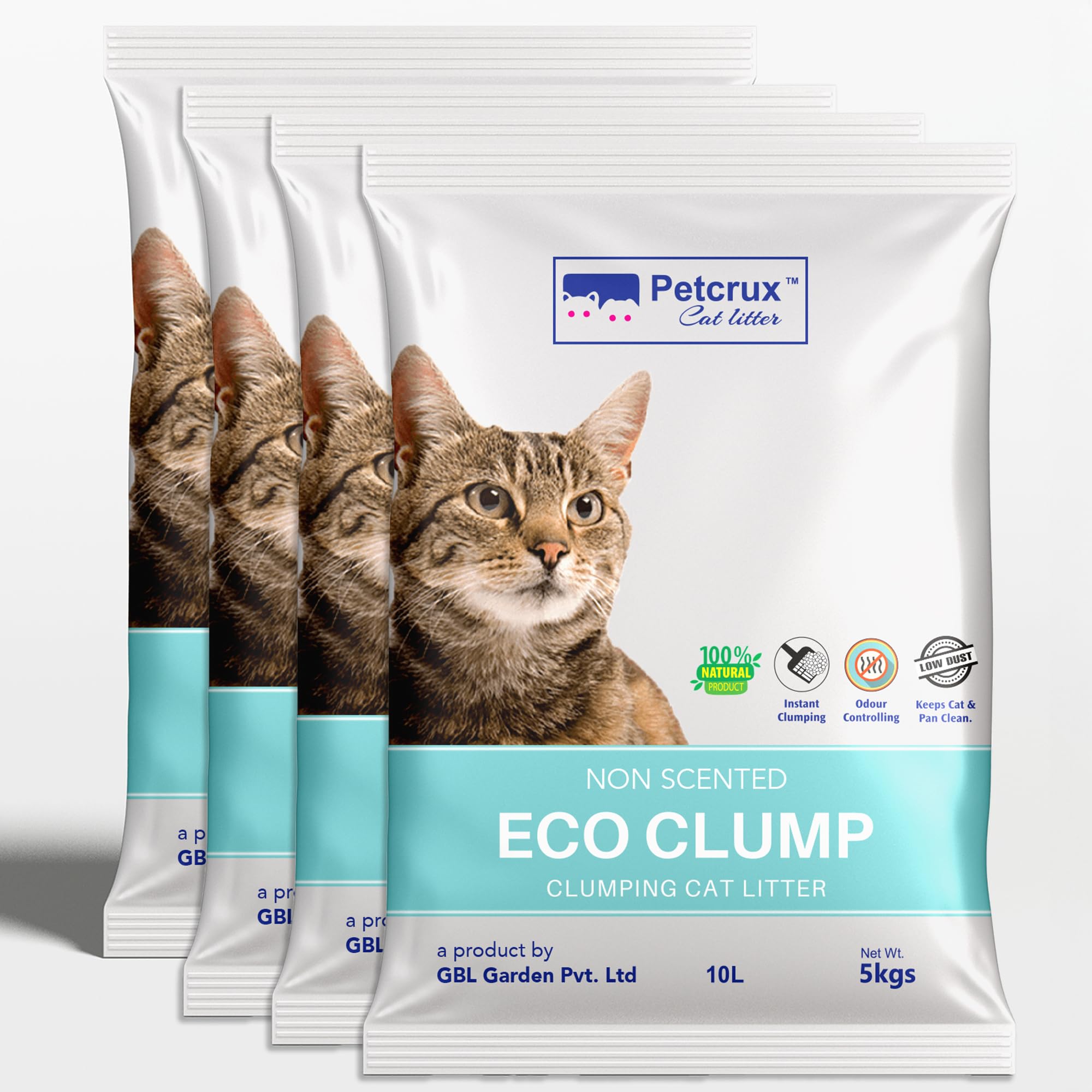 PetCrux Eco Clump Cat Litter 5Kg, 100% Natural Bentonite Odour Lock Unscented Clay, Dust Free, Single Pack
