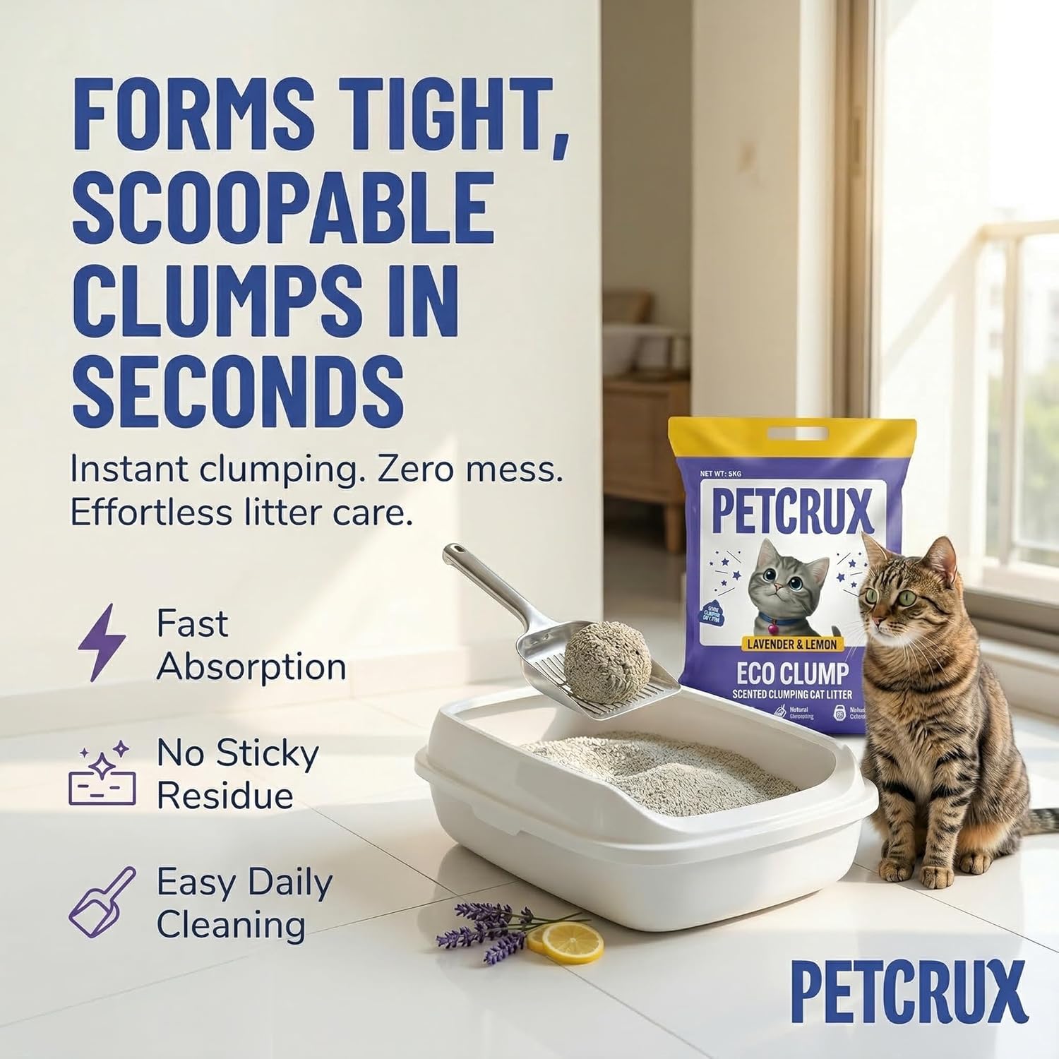 PetCrux Eco Clump Cat Litter 5kg, 2 Packs of 5kg, Lavender & Lemon Scented, 100% Natural Bentonite Clay, 99% Dust-Free, Low-Tracking, Rapid Clumping & Odour Lock, for All Breeds