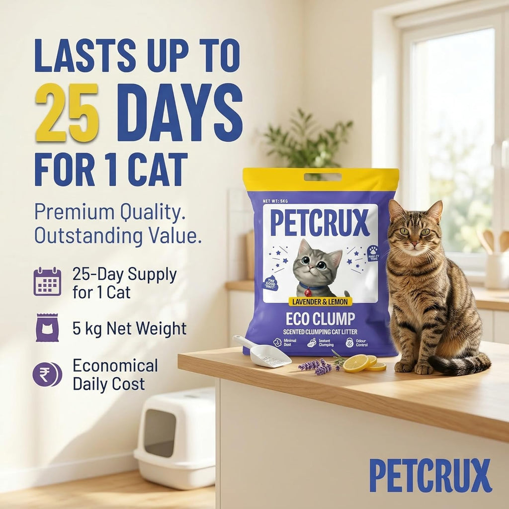 PetCrux Eco Clump Cat Litter 5kg, 2 Packs of 5kg, Lavender & Lemon Scented, 100% Natural Bentonite Clay, 99% Dust-Free, Low-Tracking, Rapid Clumping & Odour Lock, for All Breeds