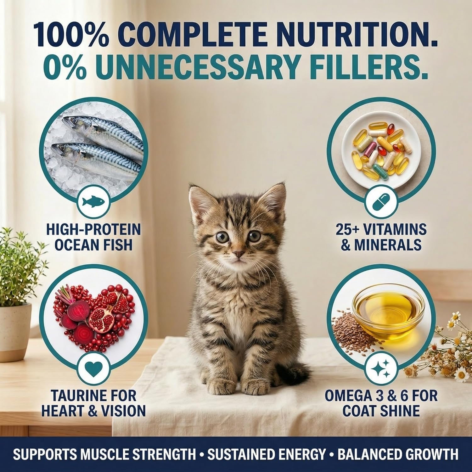 Petcrux Dry Kitten Cat Food, Ocean Fish Flavor, with Omega 3 & 6 and Taurine, Complete & Balanced Nutrition for Growing Kittens, 1 kg