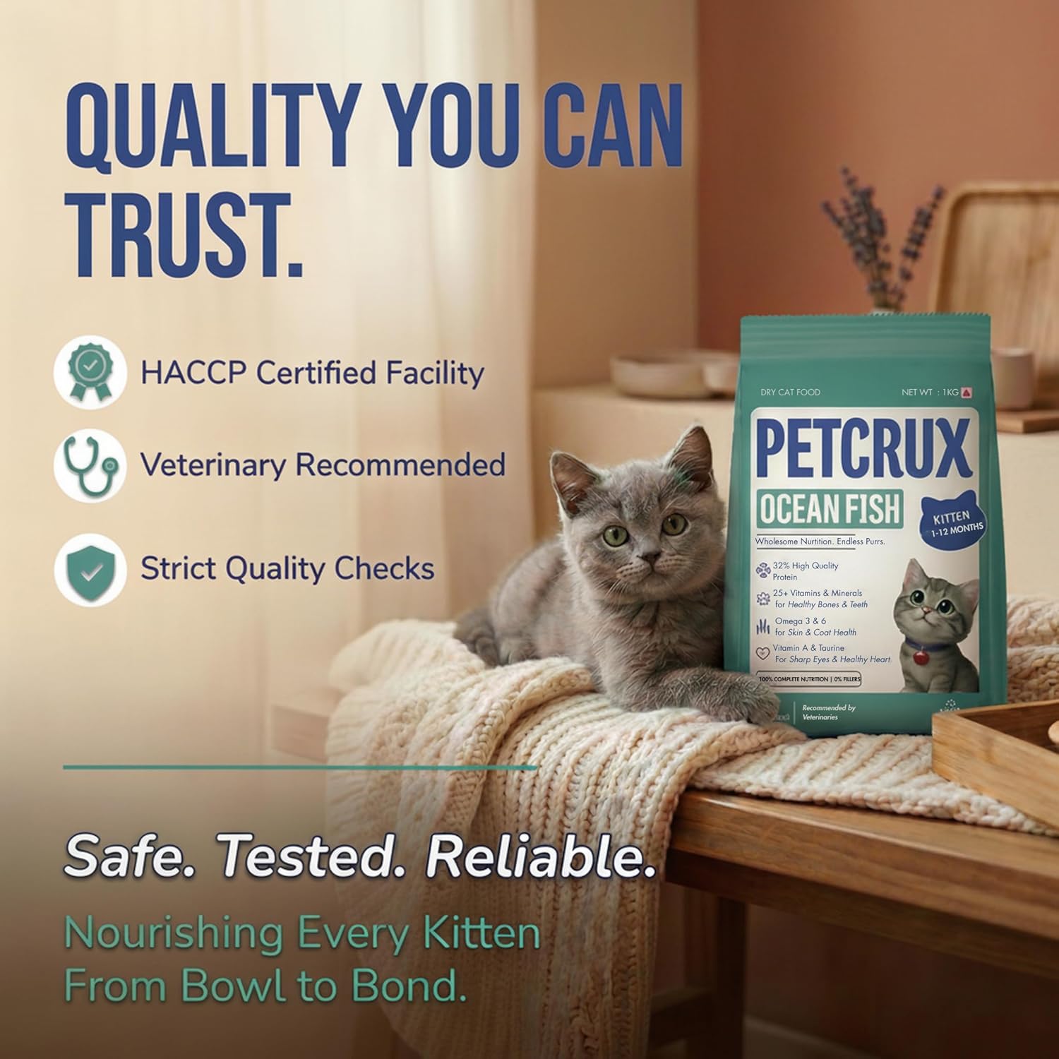 Petcrux Dry Kitten Cat Food, Ocean Fish Flavor, with Omega 3 & 6 and Taurine, Complete & Balanced Nutrition for Growing Kittens, 1 kg