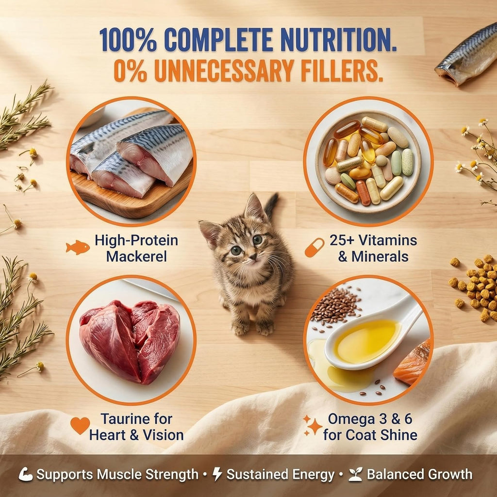 Petcrux Dry Kitten Cat Food, Mackerel Fish Flavor, with Omega 3 & 6 and Taurine, Complete & Balanced Nutrition for Growing Kittens, Trial Pack 50 g