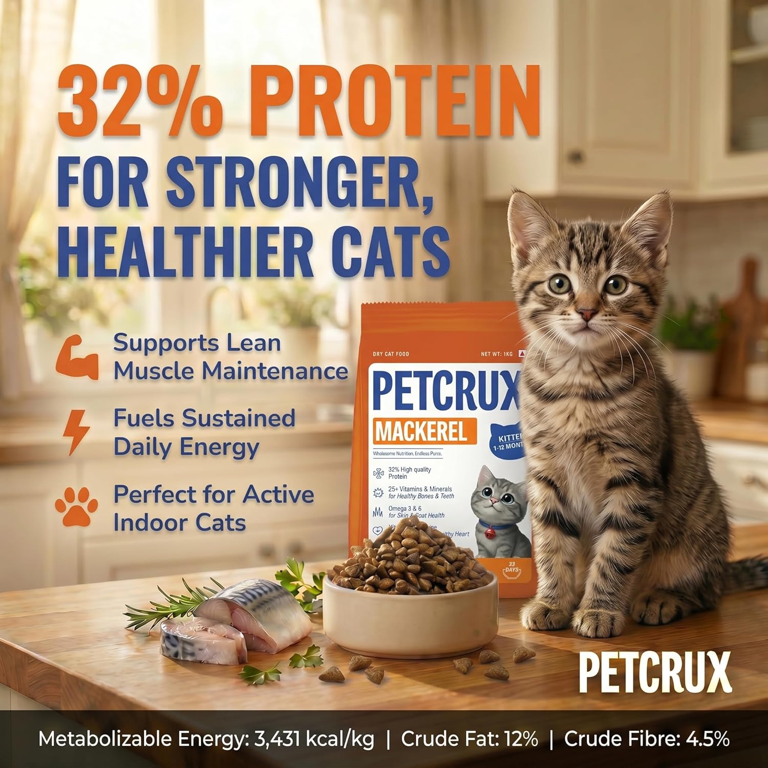 Petcrux Dry Kitten Cat Food, Mackerel Fish Flavor, with Omega 3 & 6 and Taurine, Complete & Balanced Nutrition for Growing Kittens, Trial Pack 50 g