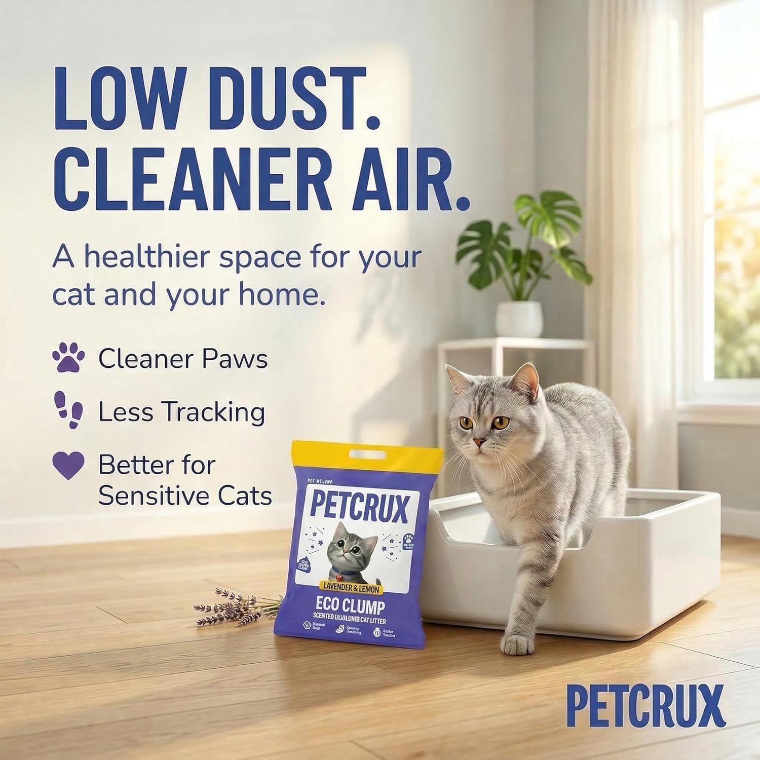 PetCrux Eco Clump Cat Litter 5kg, 2 Packs of 5kg, Lavender & Lemon Scented, 100% Natural Bentonite Clay, 99% Dust-Free, Low-Tracking, Rapid Clumping & Odour Lock, for All Breeds
