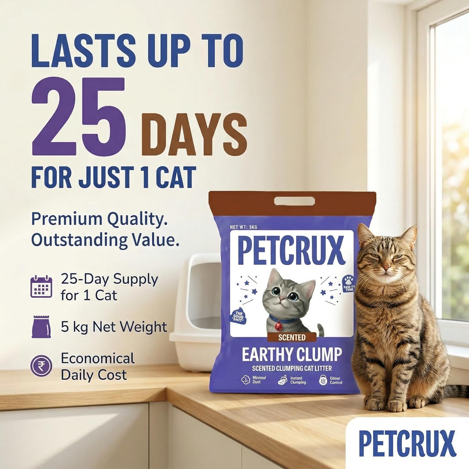 PetCrux Earthy Clump Cat Litter 20kg, Orange Scented, Premium Natural Bentonite Clay, 99.9% Dust-Free, Super Clumping & Odour Lock, Bulk Pack for Multi-Cat Homes & Breeders