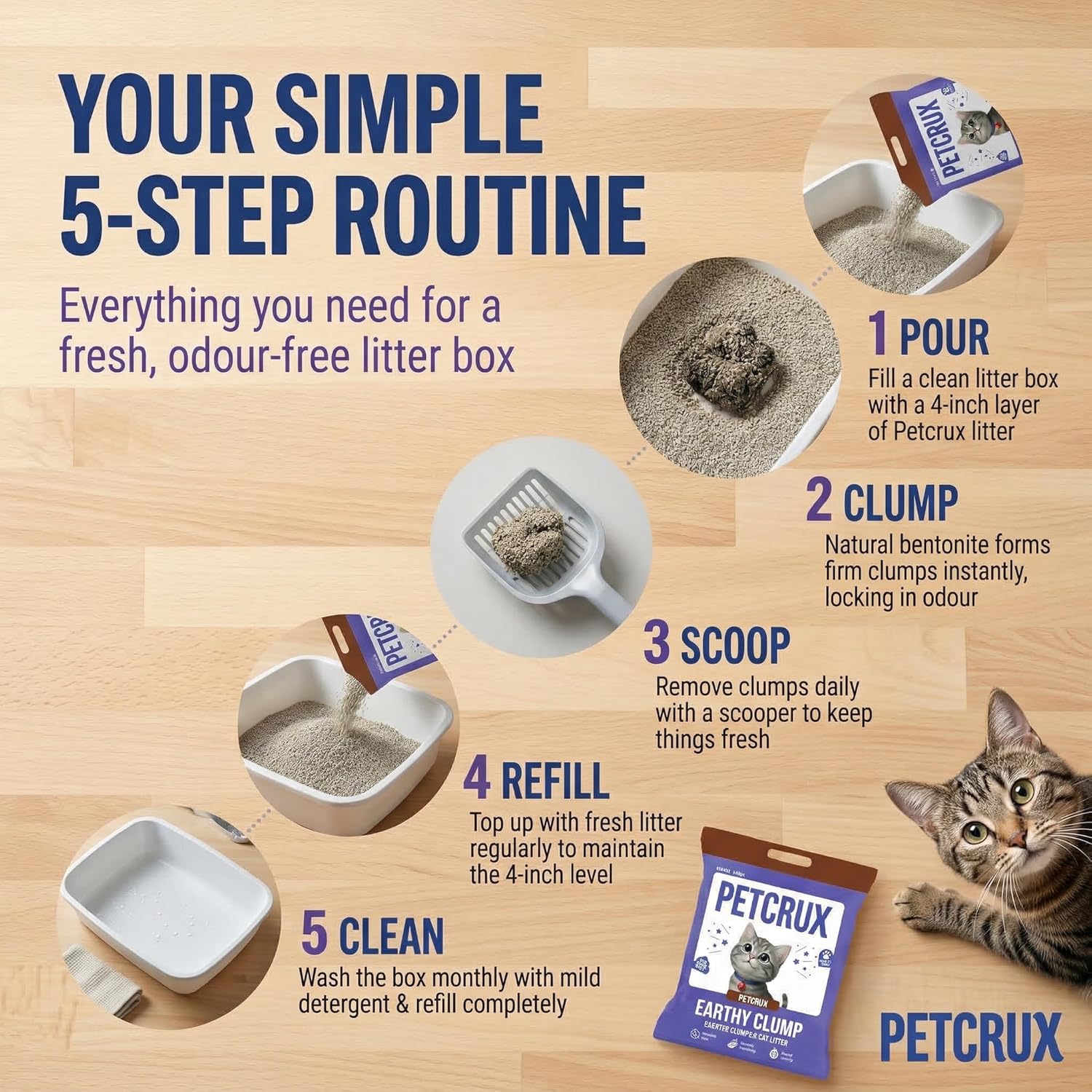 PetCrux Earthy Clump Cat Litter 20kg, 4 Packs of 5kg (Bulk Combo), Premium Natural Bentonite Clay, Lavender Scented, 99.9% Dust-Free, Super Clumping, for Multiple Cats