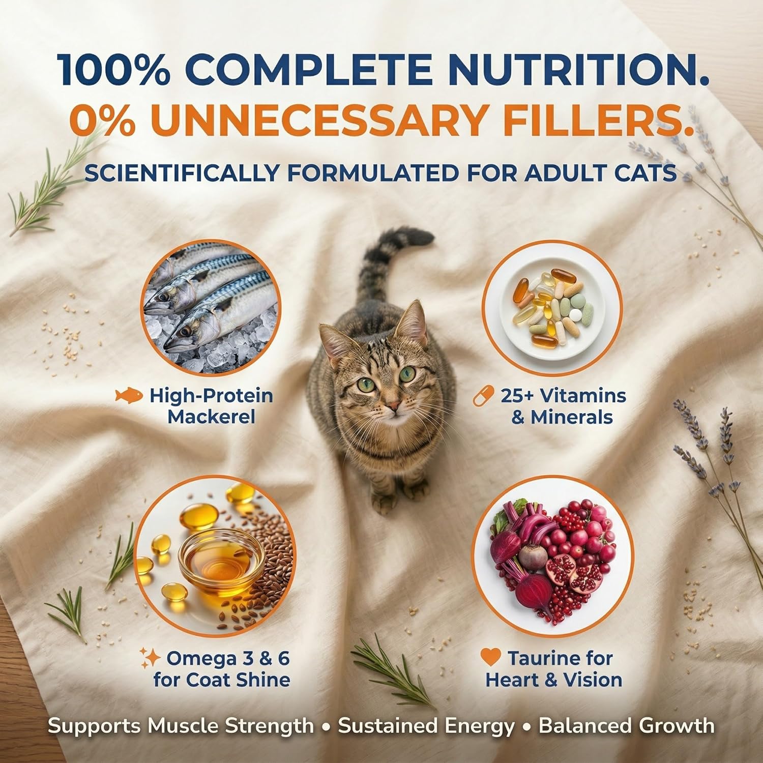 Petcrux Dry Adult Cat Food, Mackerel Fish Flavor, with Omega 3 & 6 and Taurine, Complete & Balanced Nutrition for Adult Cats, Trial Pack 50 g