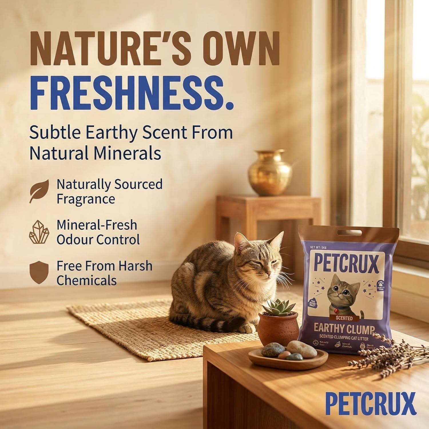 PetCrux Earthy Clump Cat Litter 20kg, Orange Scented, Premium Natural Bentonite Clay, 99.9% Dust-Free, Super Clumping & Odour Lock, Bulk Pack for Multi-Cat Homes & Breeders