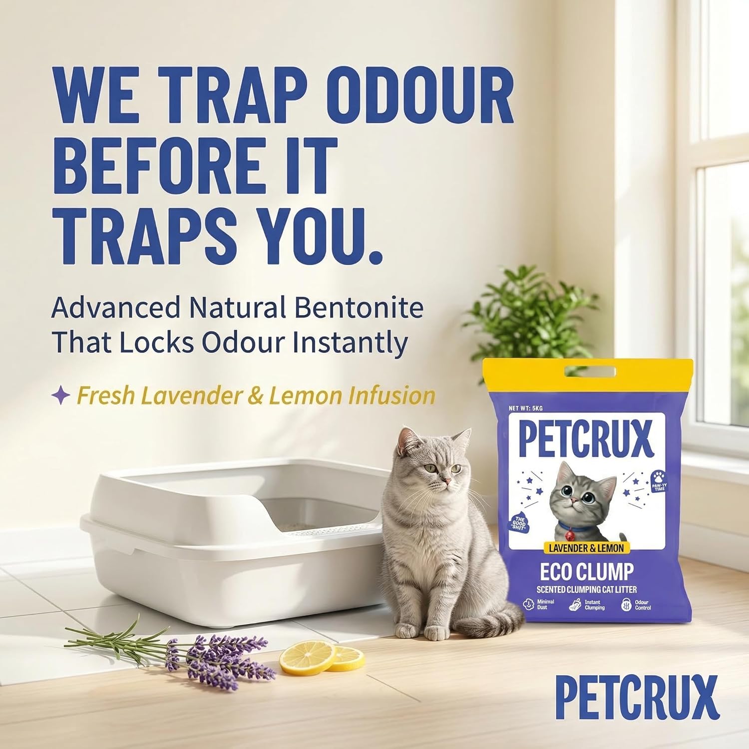PetCrux Eco Clump Cat Litter 5kg, 2 Packs of 5kg, Lavender & Lemon Scented, 100% Natural Bentonite Clay, 99% Dust-Free, Low-Tracking, Rapid Clumping & Odour Lock, for All Breeds