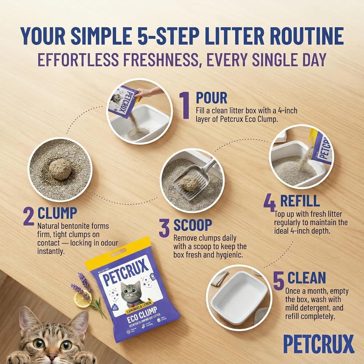 PetCrux Eco Clump Cat Litter 5kg, 2 Packs of 5kg, Lavender & Lemon Scented, 100% Natural Bentonite Clay, 99% Dust-Free, Low-Tracking, Rapid Clumping & Odour Lock, for All Breeds