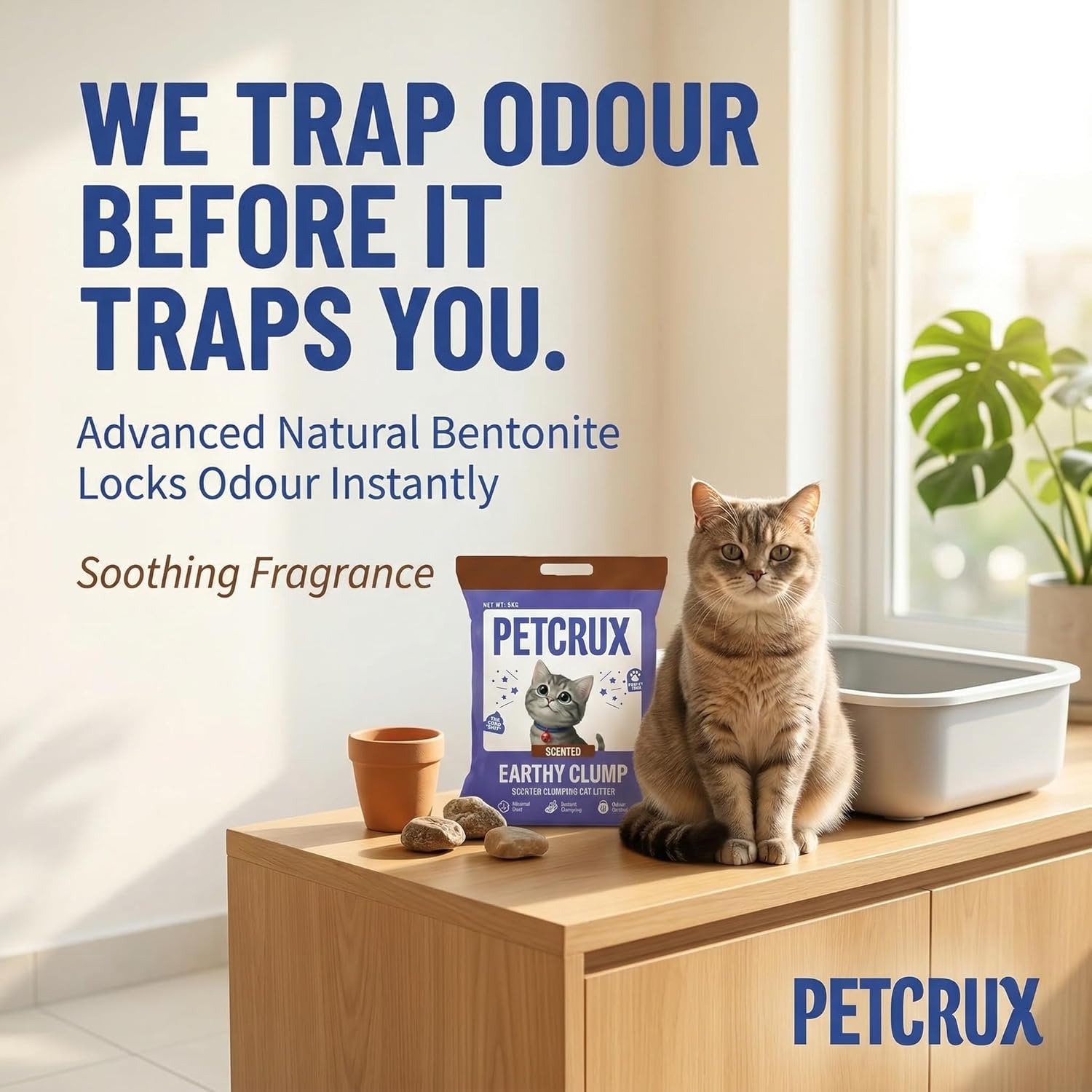 PetCrux Earthy Clump Cat Litter 20kg, 4 Packs of 5kg (Bulk Combo), Premium Natural Bentonite Clay, Lavender Scented, 99.9% Dust-Free, Super Clumping, for Multiple Cats