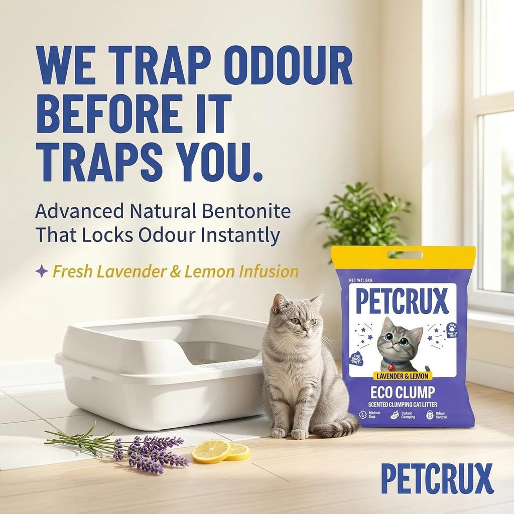 PetCrux Eco Clump Cat Litter 5Kg, 100% Natural Bentonite Odour Lock Unscented Clay, Dust Free, Single Pack