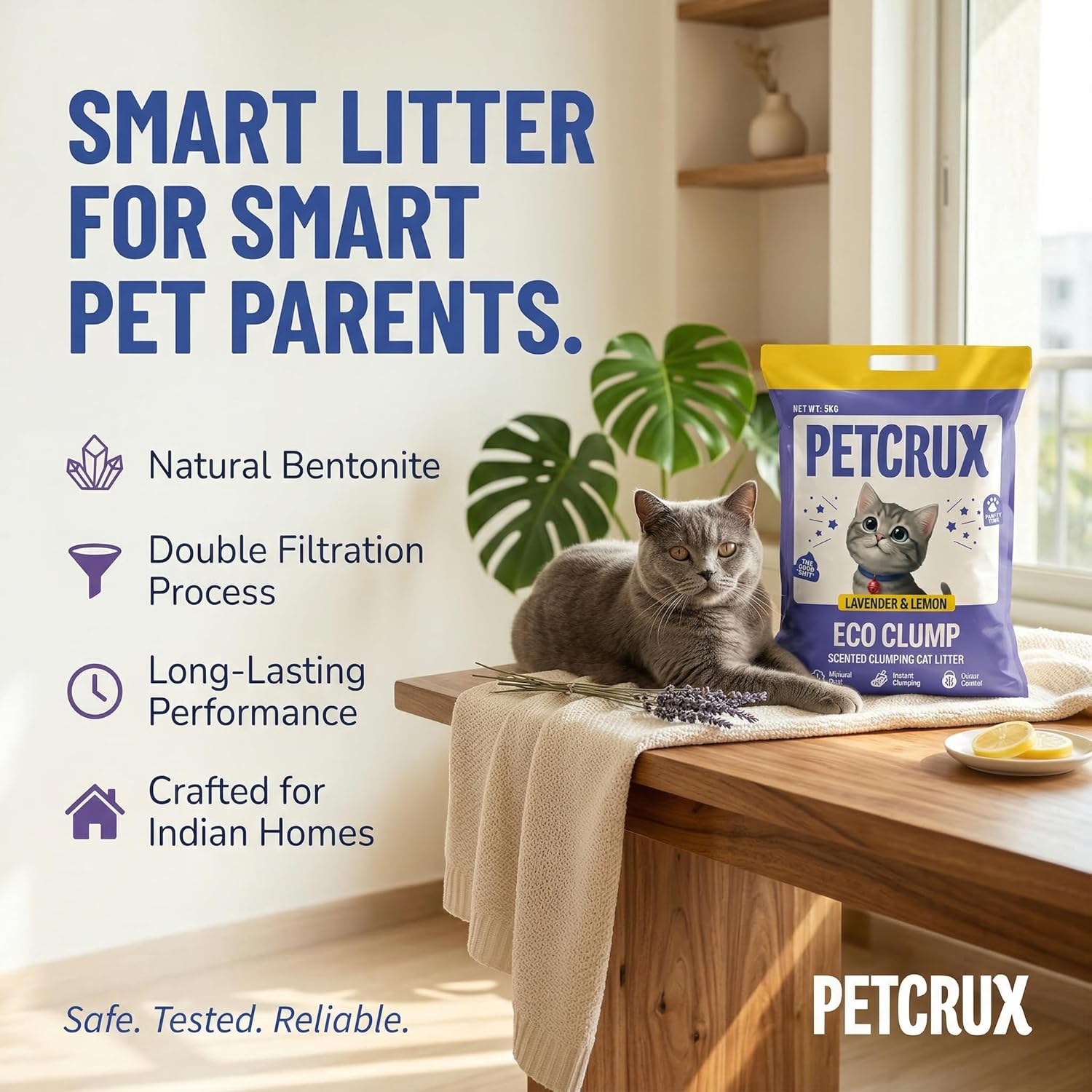 PetCrux Eco Clump Cat Litter 5kg, 2 Packs of 5kg, Lavender & Lemon Scented, 100% Natural Bentonite Clay, 99% Dust-Free, Low-Tracking, Rapid Clumping & Odour Lock, for All Breeds