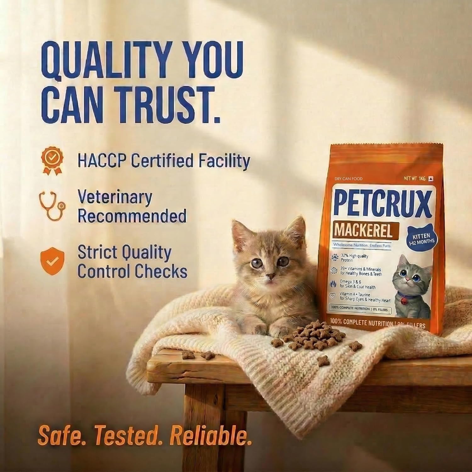Petcrux Dry Kitten Cat Food, Mackerel Fish Flavor, with Omega 3 & 6 and Taurine, Complete & Balanced Nutrition for Growing Kittens, Trial Pack 50 g