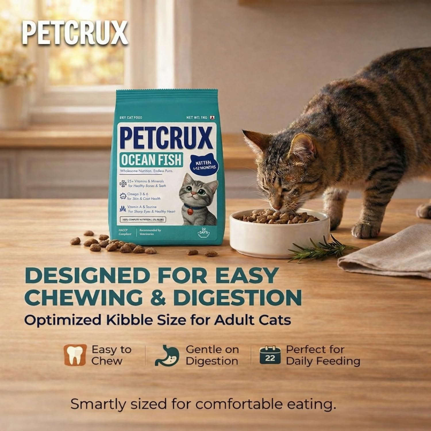 Petcrux Dry Kitten Cat Food, Ocean Fish Flavor, with Omega 3 & 6 and Taurine, Complete & Balanced Nutrition for Growing Kittens, 1 kg
