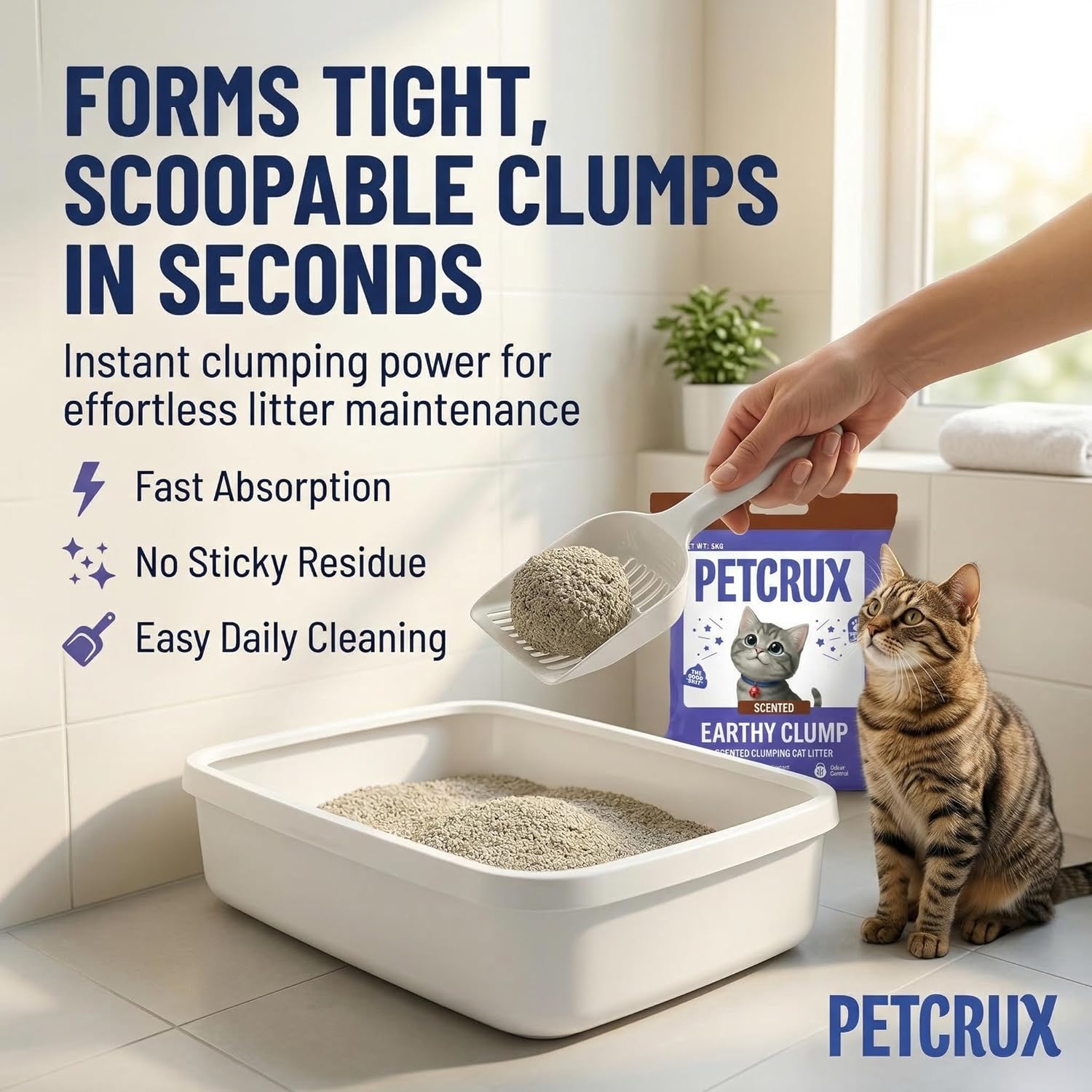 PetCrux Earthy Clump Cat Litter 20kg, Orange Scented, Premium Natural Bentonite Clay, 99.9% Dust-Free, Super Clumping & Odour Lock, Bulk Pack for Multi-Cat Homes & Breeders